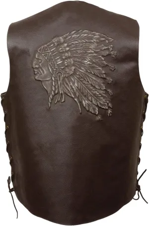 ELM3900 Men's Motorcycle Riders Black Leather Vest with Embossed Native American Head