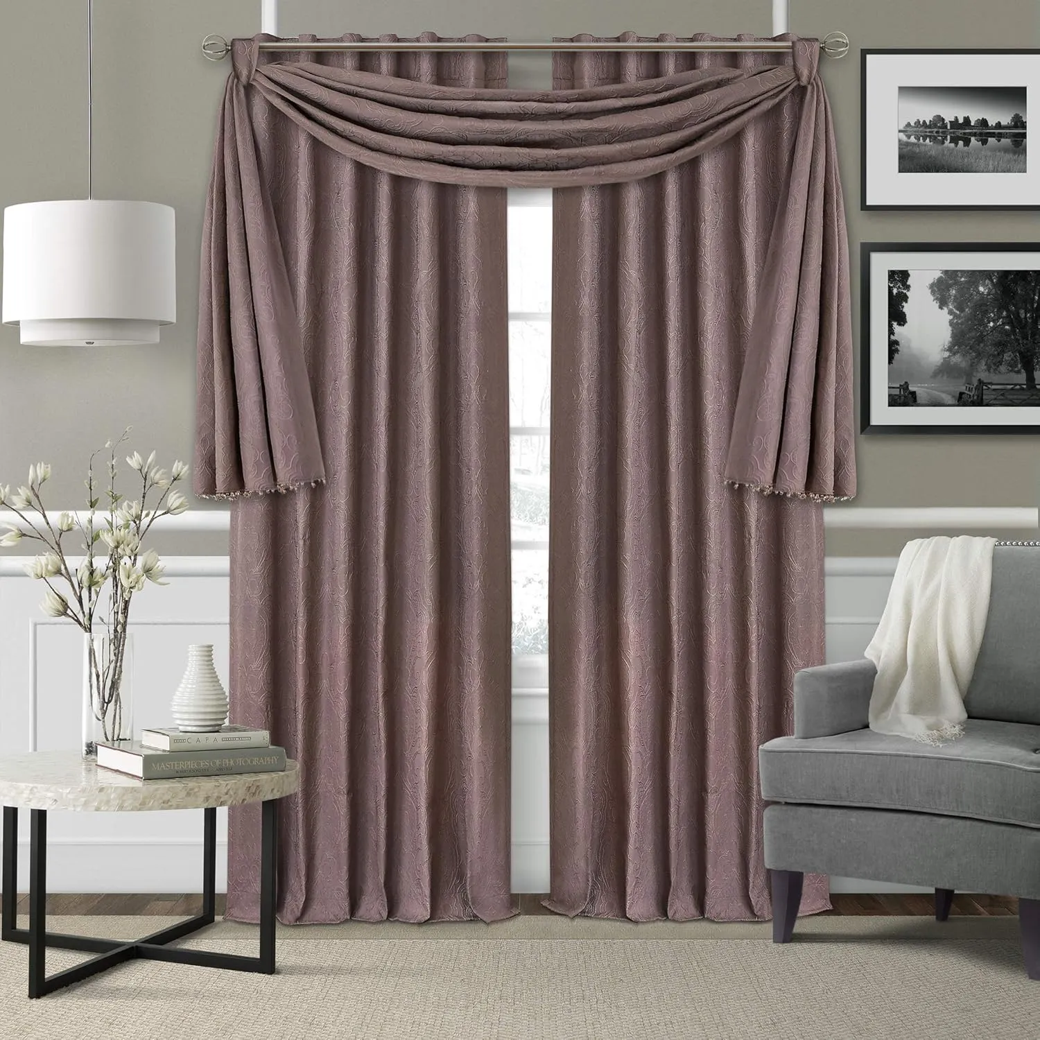 Elrene Home Fashions Elrene Leila Matelasse Single Blackout Window, 52 in x 144 in (1 Scarf Valance), Mauve