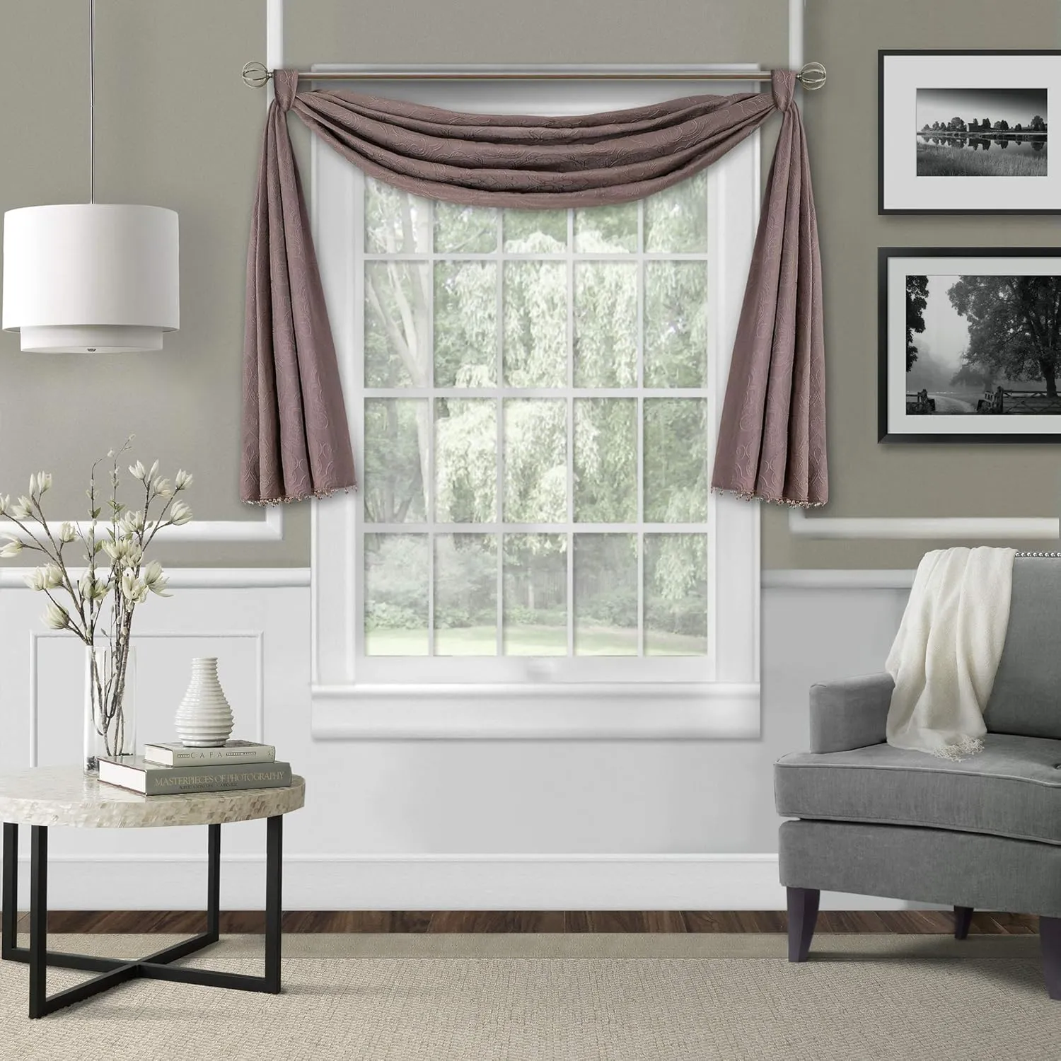 Elrene Home Fashions Elrene Leila Matelasse Single Blackout Window, 52 in x 144 in (1 Scarf Valance), Mauve