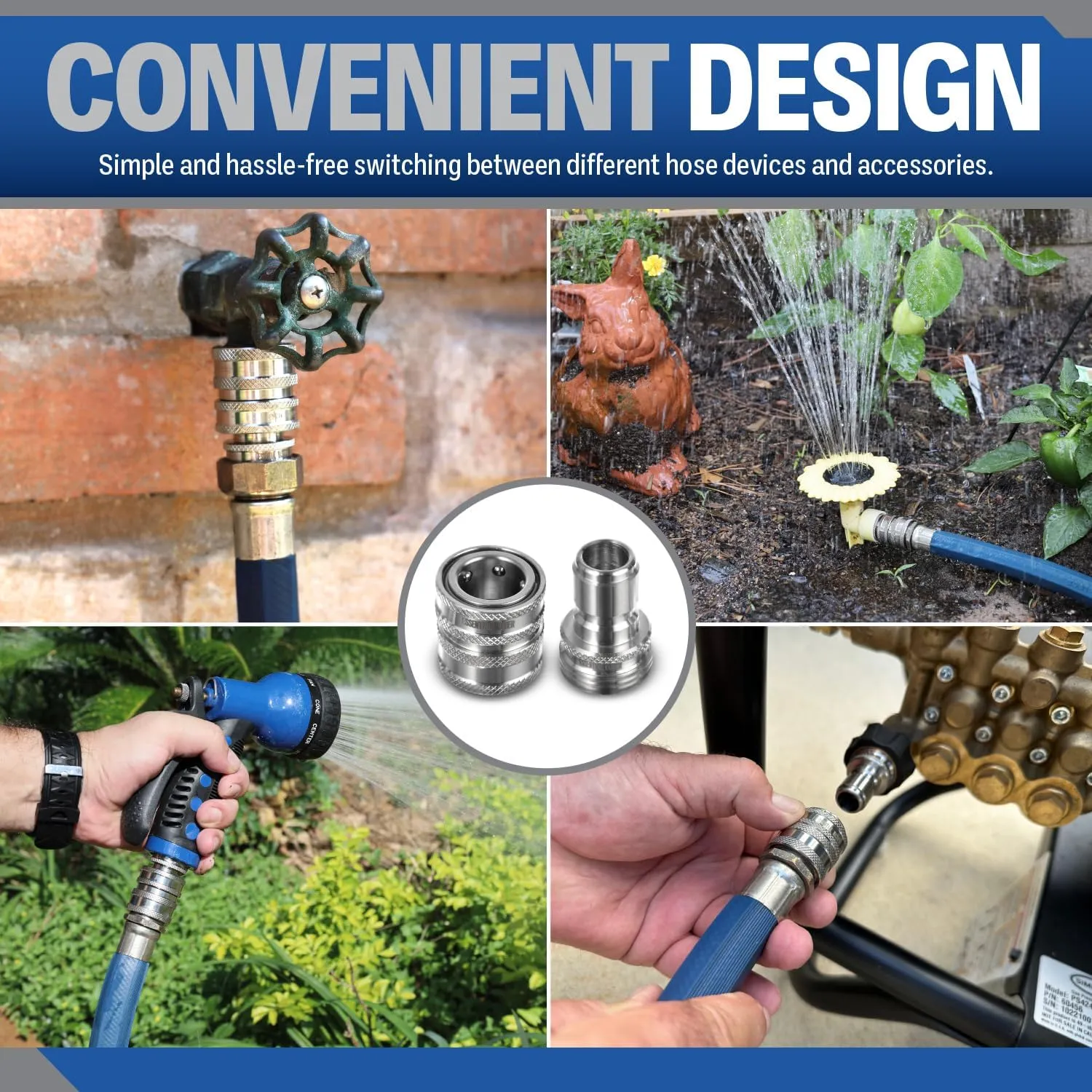 Essential Washer ¾” Stainless Steel Garden Hose Quick Connect Fittings | Plug & Coupler Set of 2