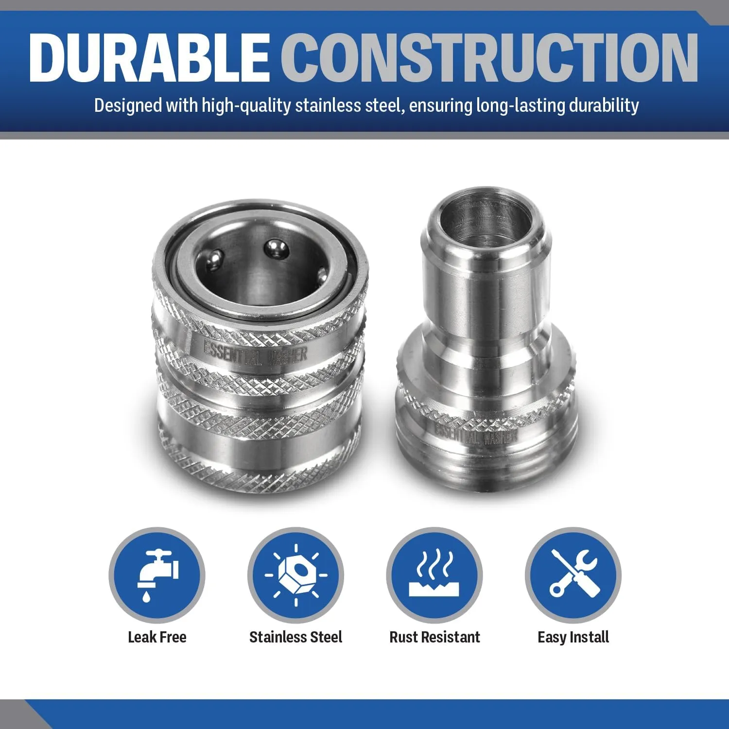 Essential Washer ¾” Stainless Steel Garden Hose Quick Connect Fittings | Plug & Coupler Set of 2