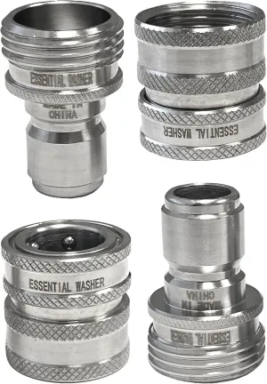 Essential Washer ¾” Stainless Steel Garden Hose Quick Connect Fittings | Plug & Coupler Set of 2