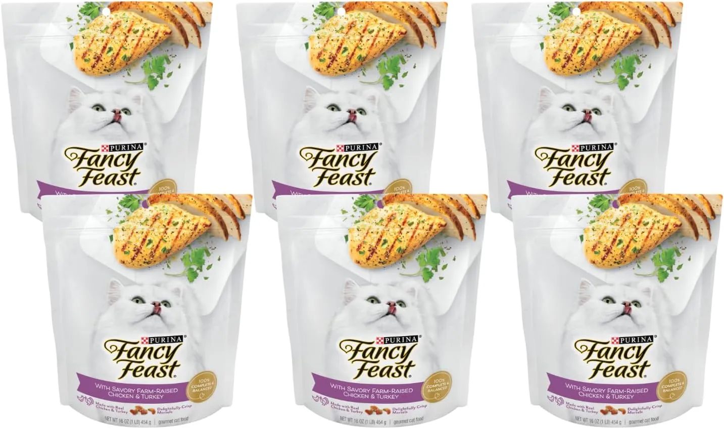 Fancy Feast Gourmet Dry Cat Food, With Savory Chicken & Turkey - (6) 16 Oz. Pouches