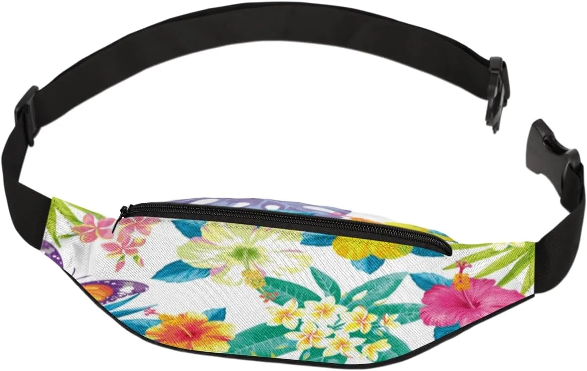 Fanny Pack for Women Men Tropical Flower Butterfly Waist Pack Crossbody Bag with Adjustable Straps for Hiking Running Walking Travel Cycling