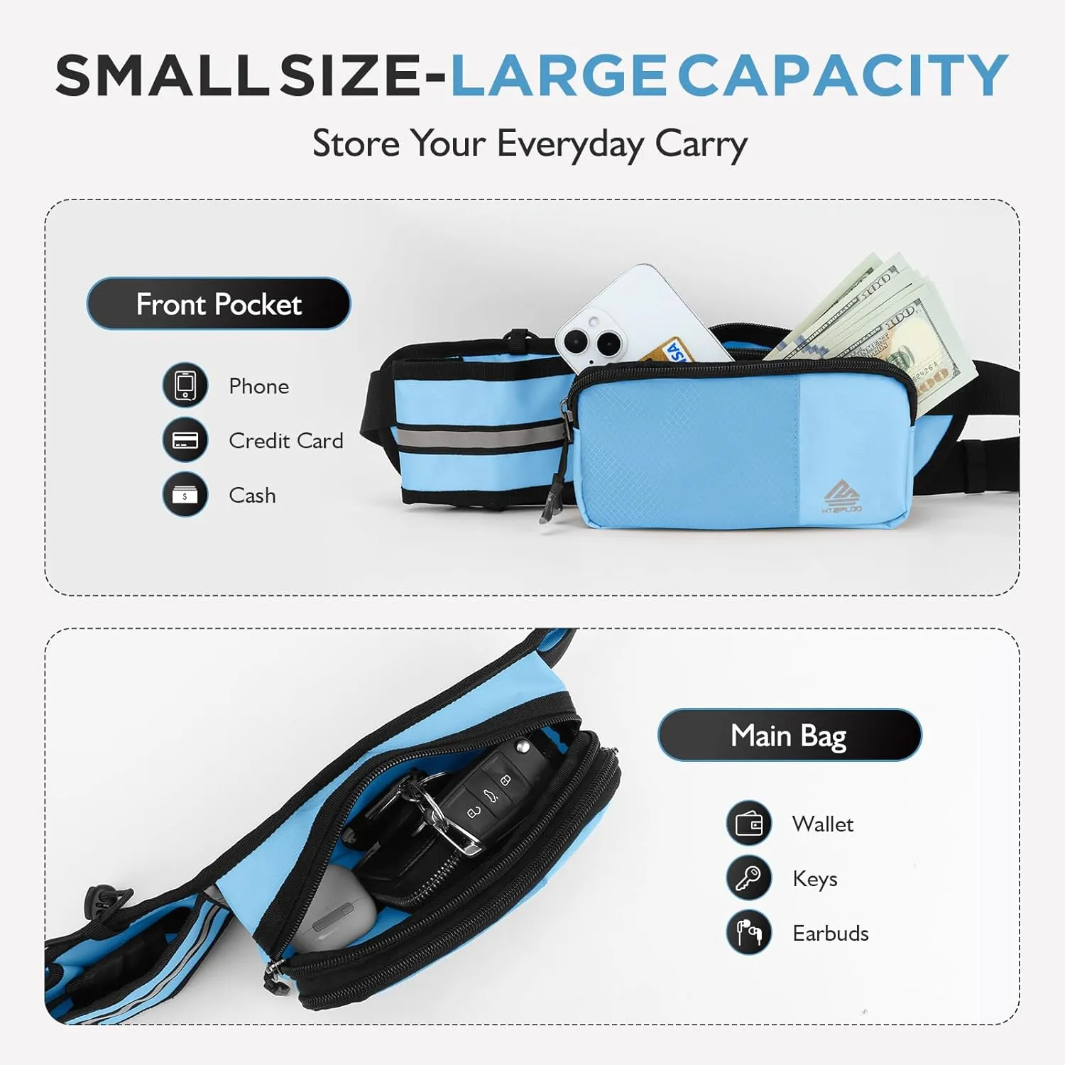 Fanny Pack for Women Men with Water Bottle Holder,Waist Bag for Hiking,Travel,Running,Dog Walking,Workout,Cycling (Light Blue)
