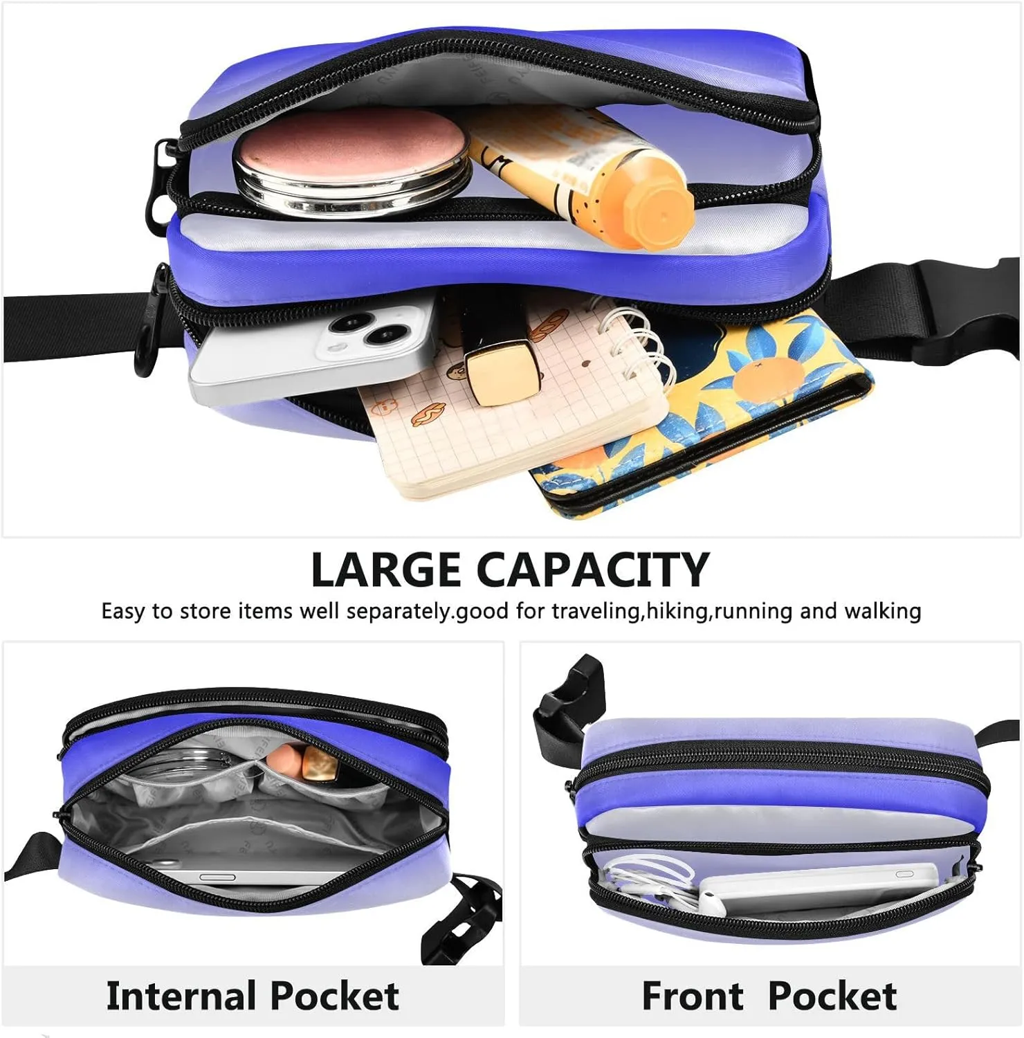 Fanny Pack for Women Men with Zipper Blue Fashion Waist Pack, Small Cross Body bags for Running,Hiking,Cycling,Travel 20804-1