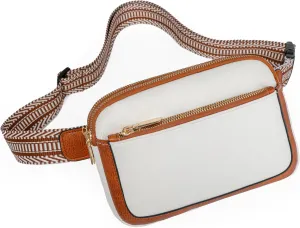 Fanny Packs for Women Vegan Leather Waist Packs with Adjustable Strap, Crossbody Purse Belt Bag for Women (A Off White-Brown)
