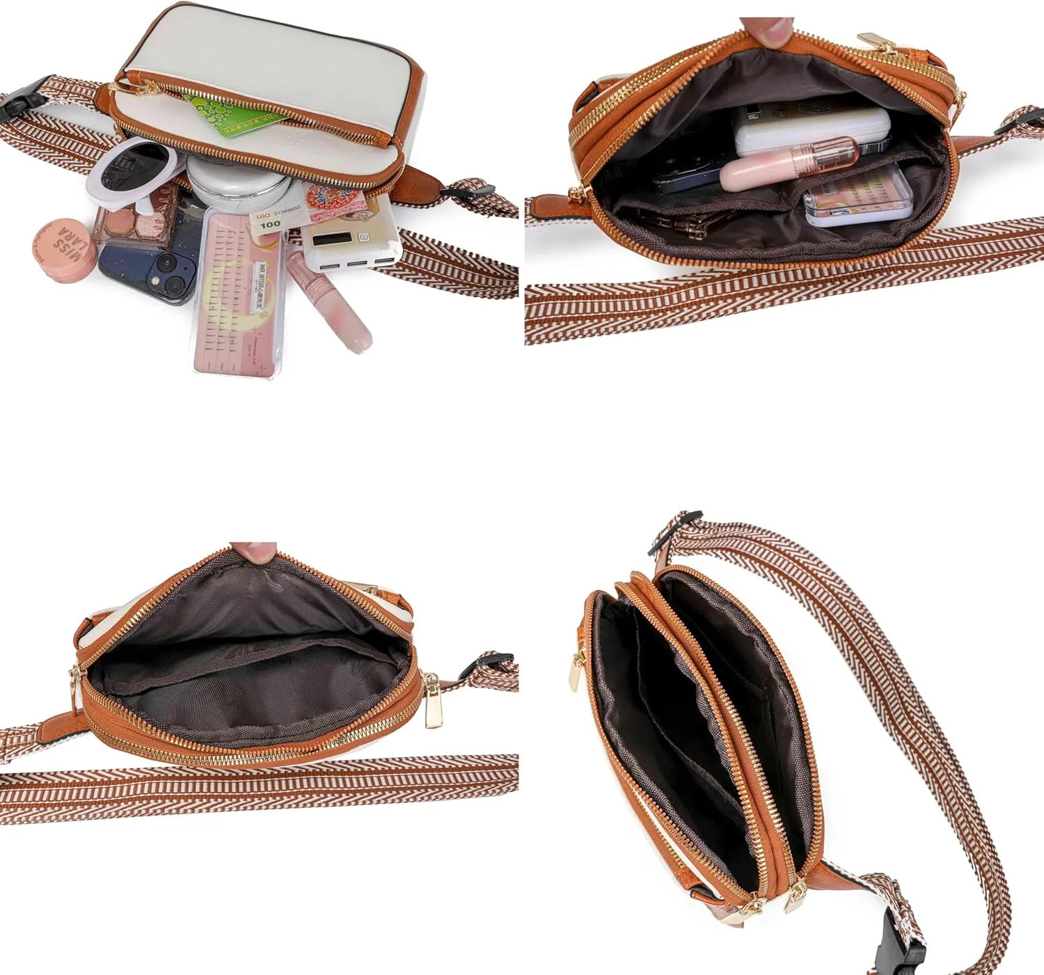 Fanny Packs for Women Vegan Leather Waist Packs with Adjustable Strap, Crossbody Purse Belt Bag for Women (A Off White-Brown)