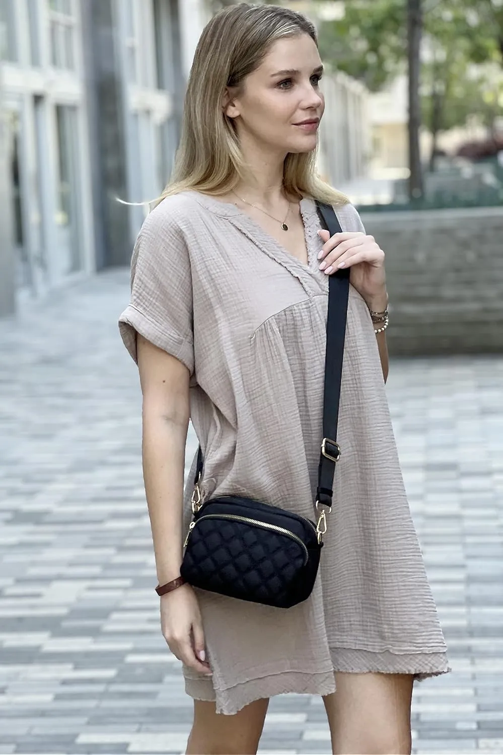 FashionPuzzle Quilted Nylon Crossbody Bag with Wide Strap