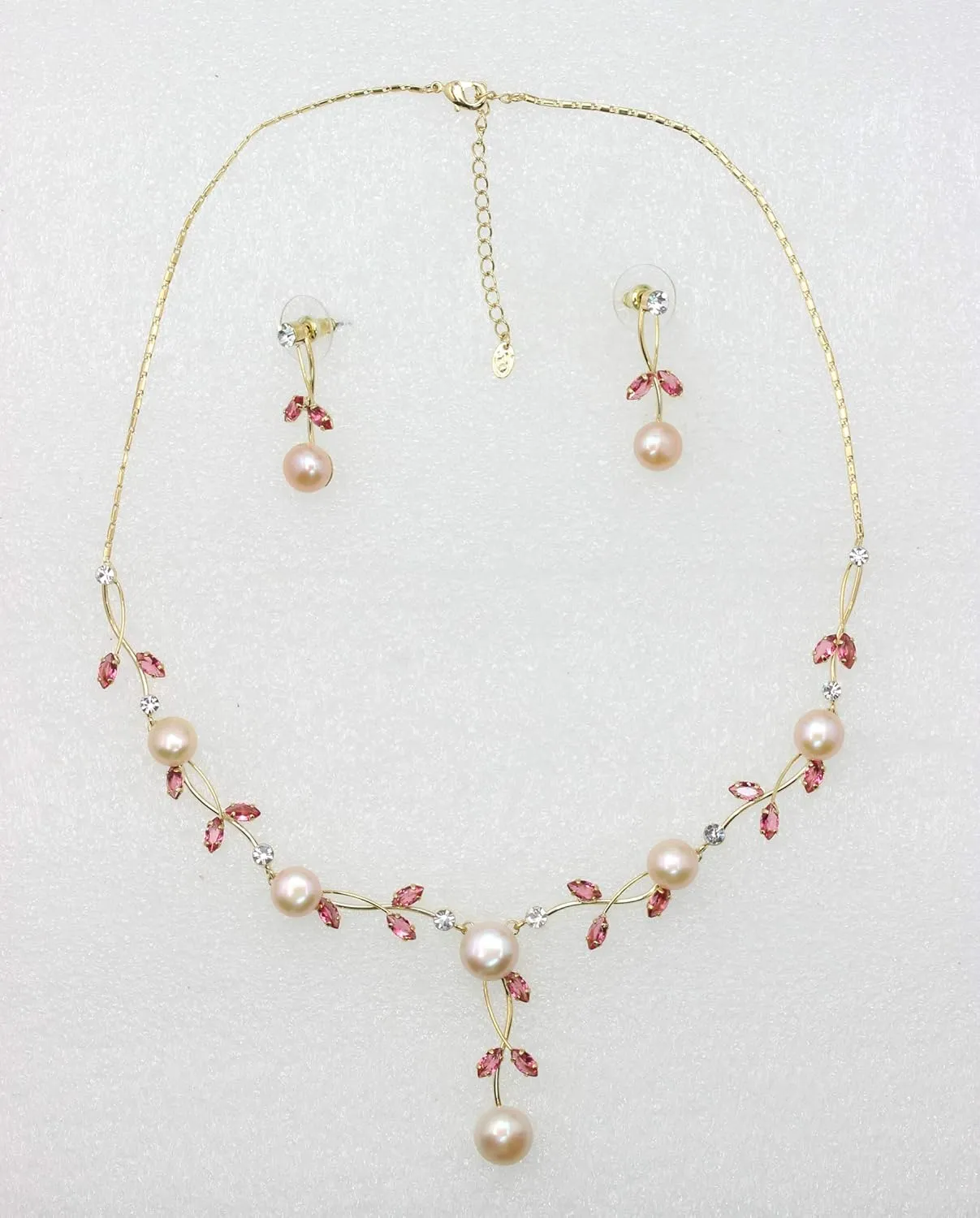 Faship Gorgeous CZ Crystal Genuine Freshwater Pearls Floral Necklace Earrings Set