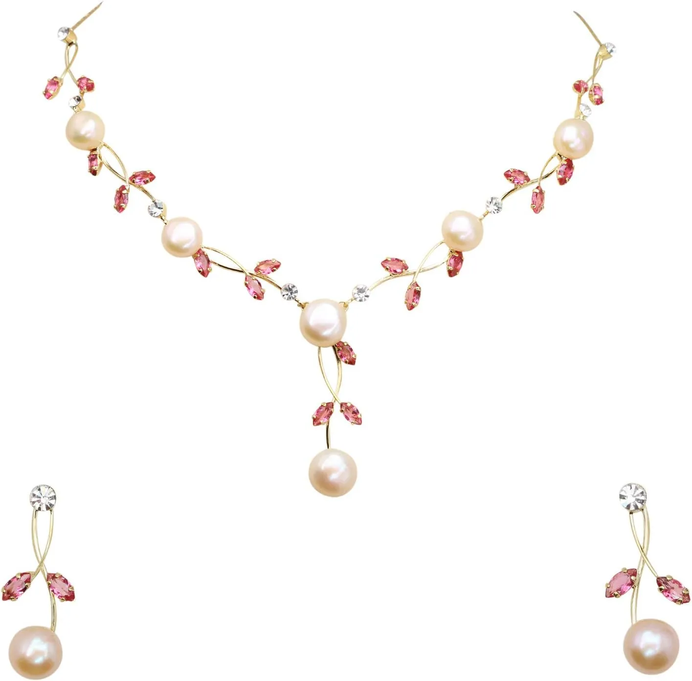 Faship Gorgeous CZ Crystal Genuine Freshwater Pearls Floral Necklace Earrings Set