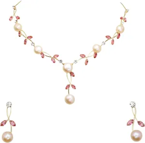 Faship Gorgeous CZ Crystal Genuine Freshwater Pearls Floral Necklace Earrings Set
