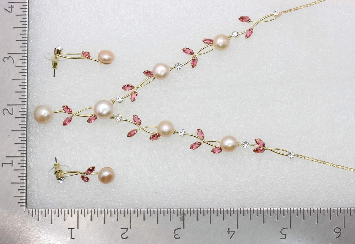 Faship Gorgeous CZ Crystal Genuine Freshwater Pearls Floral Necklace Earrings Set