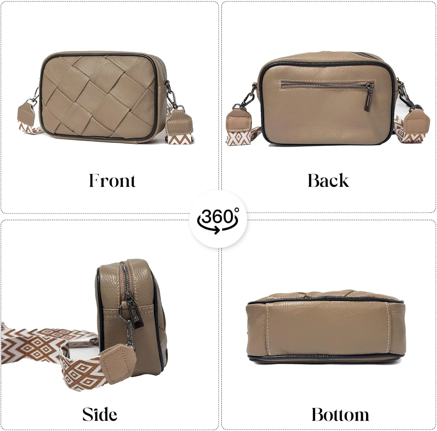 FAYBA Woven Crossbody for Women, Wide Strap Genuine Leather Shoulder Bag, Small Handbag Satchel With Guitar Strap