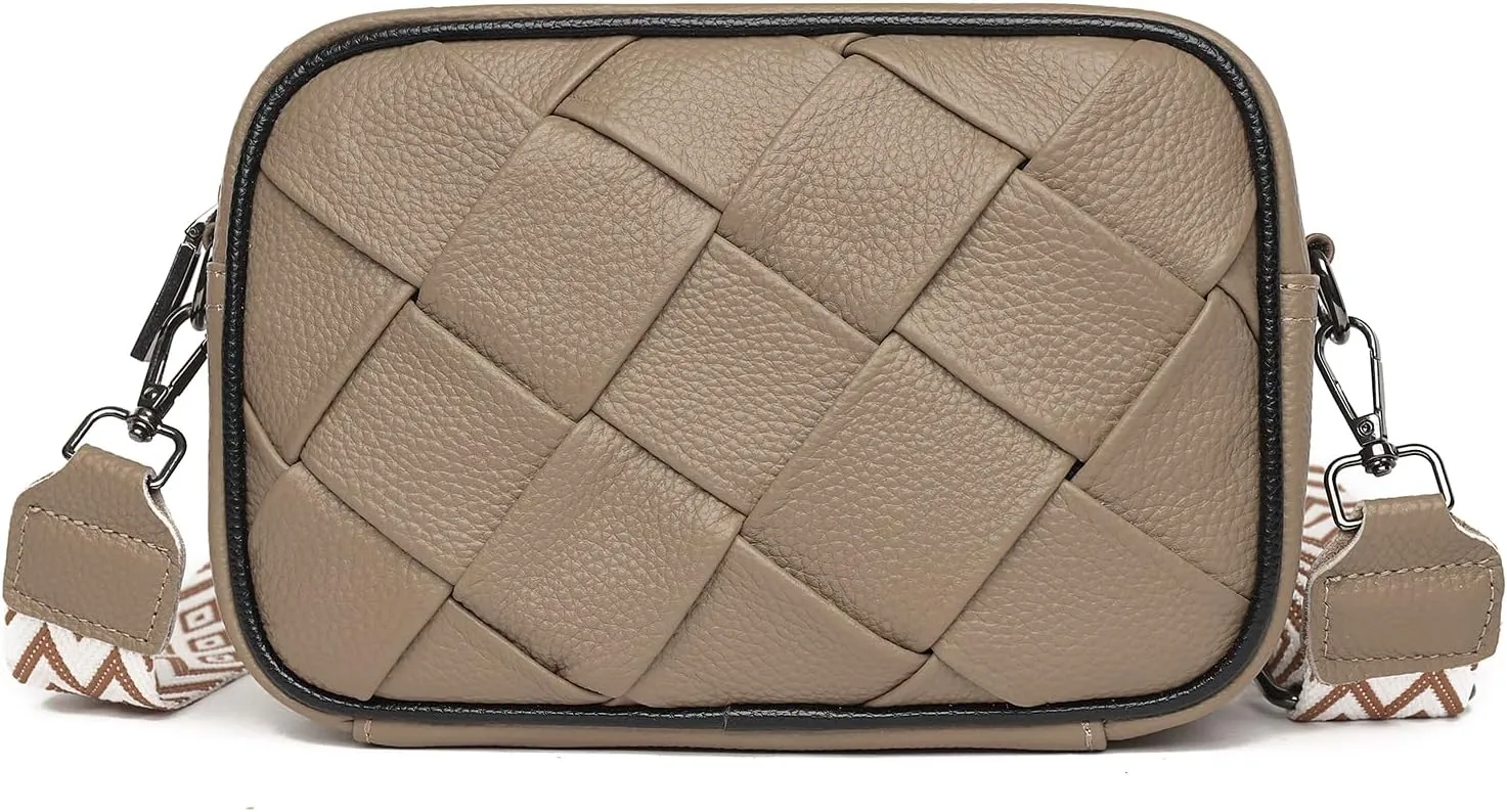 FAYBA Woven Crossbody for Women, Wide Strap Genuine Leather Shoulder Bag, Small Handbag Satchel With Guitar Strap