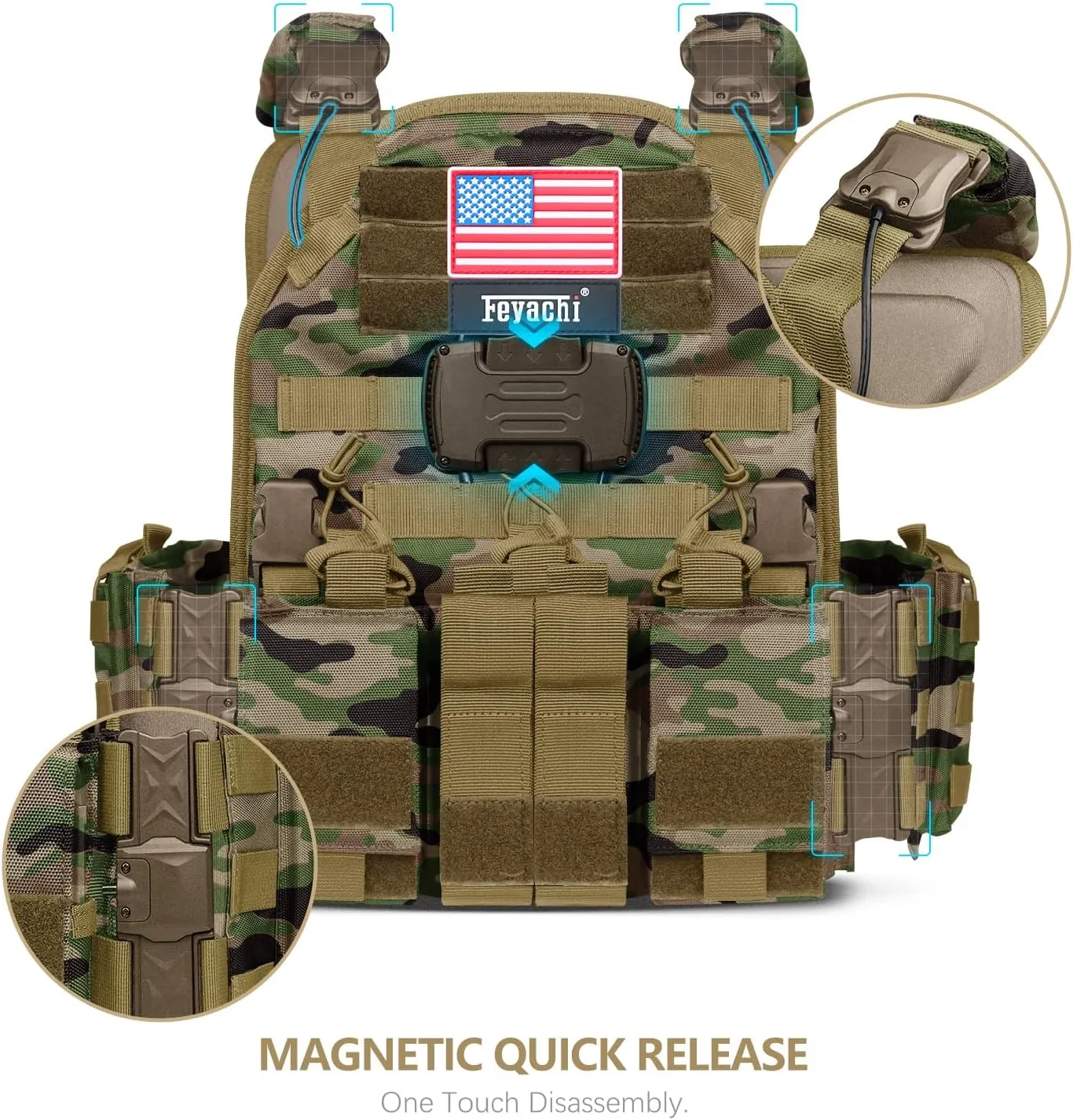 Feyachi Magnetic Tactical Vest Bulletproof - TM 20 Airsoft Vest MOLLE System Quick Release One Button Disassembly