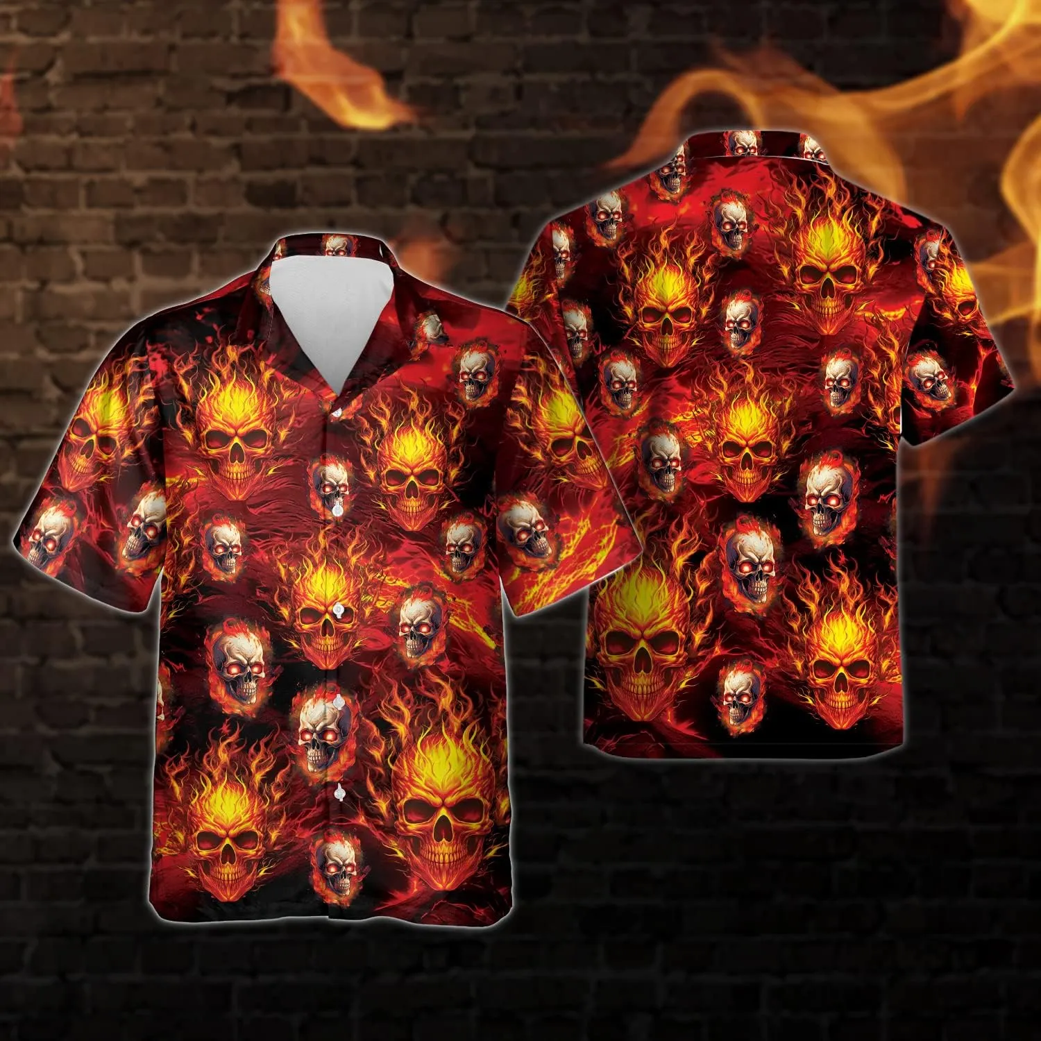 Fire Skull Hawaiian Shirt for Men - Skull Gothic Shirt for Mens Button Down Shirt Short Sleeve (MP_HW_30)