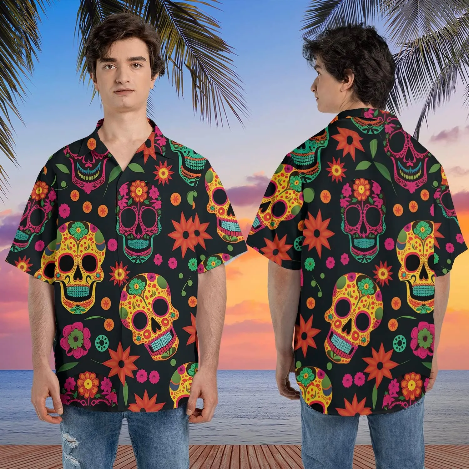 Fire Skull Hawaiian Shirt for Men - Skull Gothic Shirt for Mens Button Down Shirt Short Sleeve (MP_HW_30)