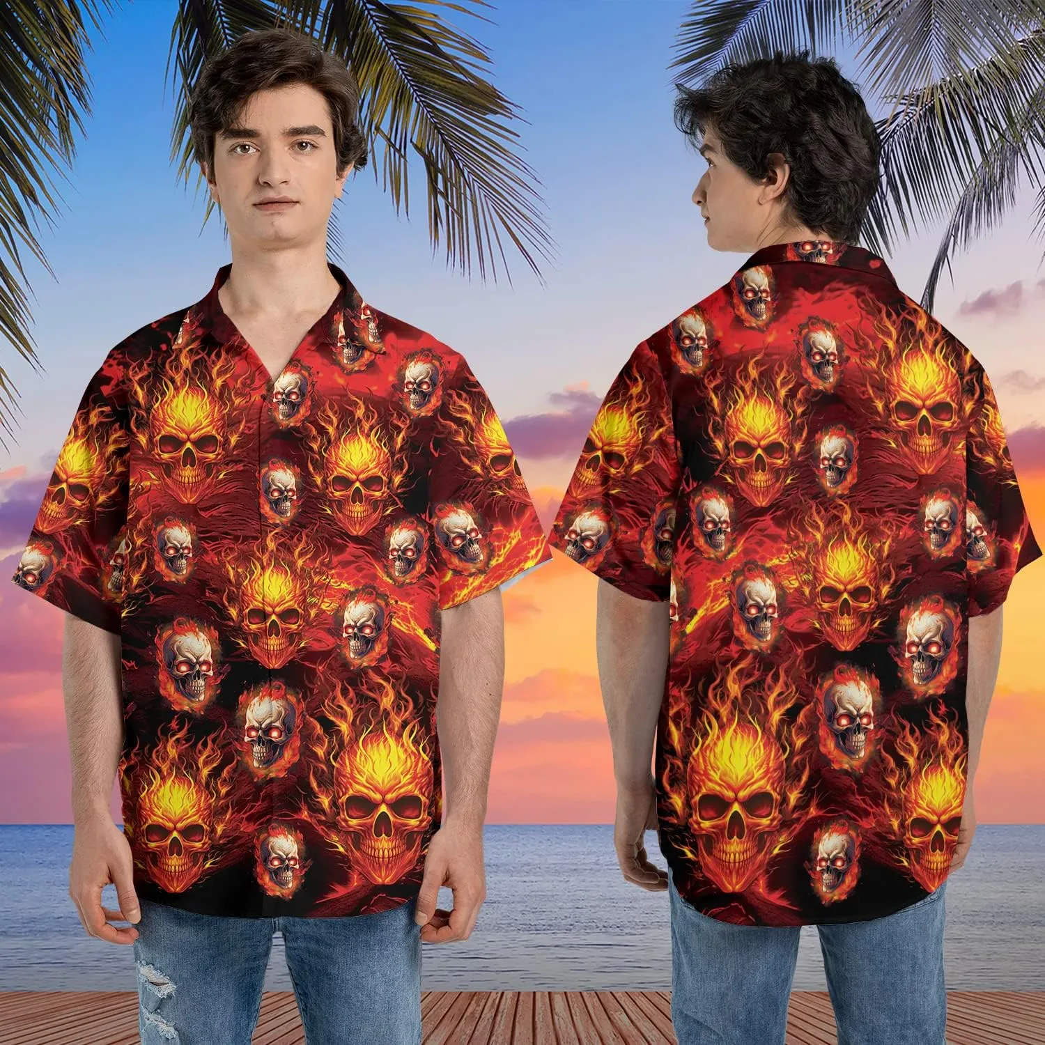 Fire Skull Hawaiian Shirt for Men - Skull Gothic Shirt for Mens Button Down Shirt Short Sleeve (MP_HW_30)