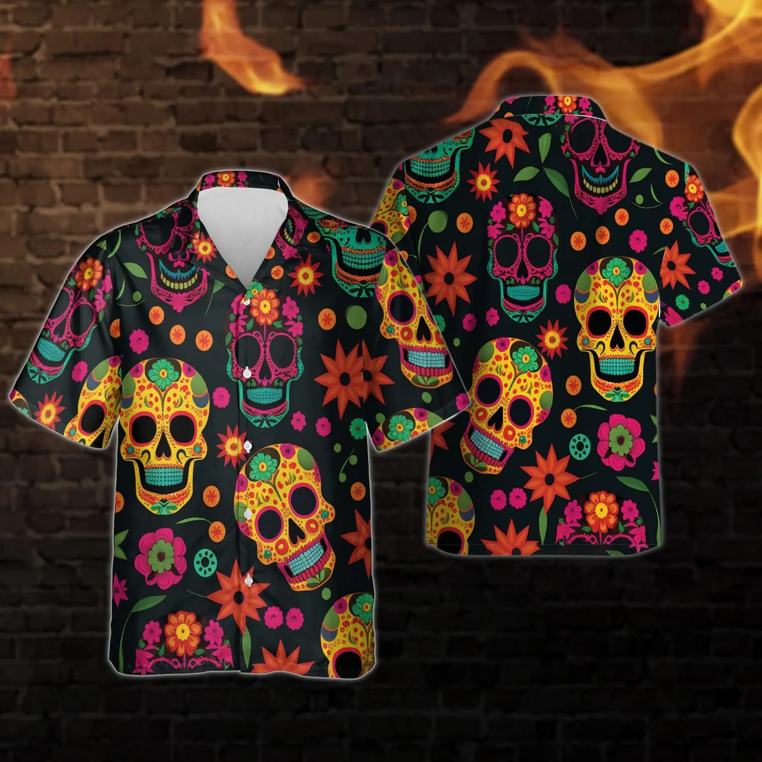 Fire Skull Hawaiian Shirt for Men - Skull Gothic Shirt for Mens Button Down Shirt Short Sleeve (MP_HW_30)
