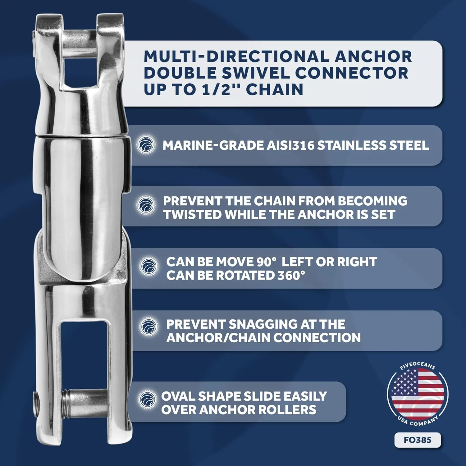 Five Oceans 316 Stainless Steel Multidirectional Boat Anchor Swivel, Anchor Chain Swivel Connector, 360-Degree Rotation, Marine-Grade