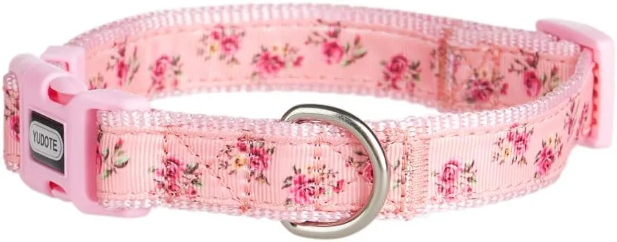 Floral Dog Collars Adjustable Nylon Collar with Quick Release Buckle for Female Dogs, Pink,Large