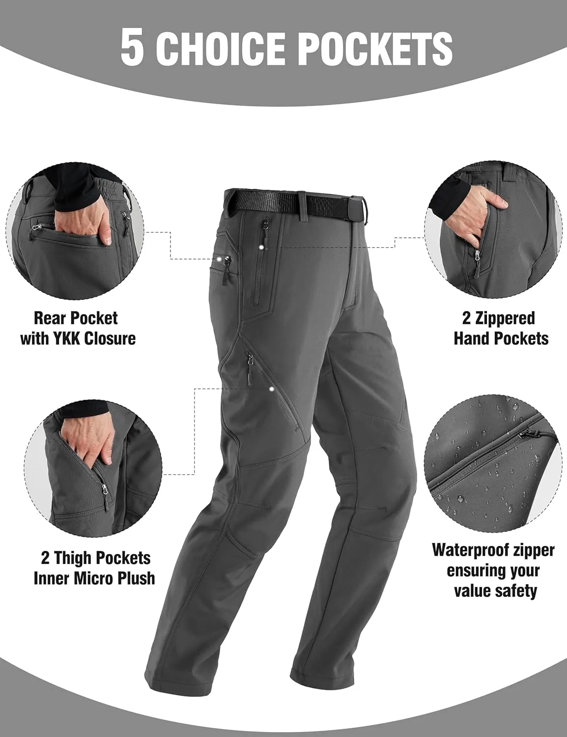 FREE SOLDIER Men's Fleece Lined Outdoor Cargo Hiking Pants Water Repellent Softshell Snow Ski Pants with Zipper Pockets