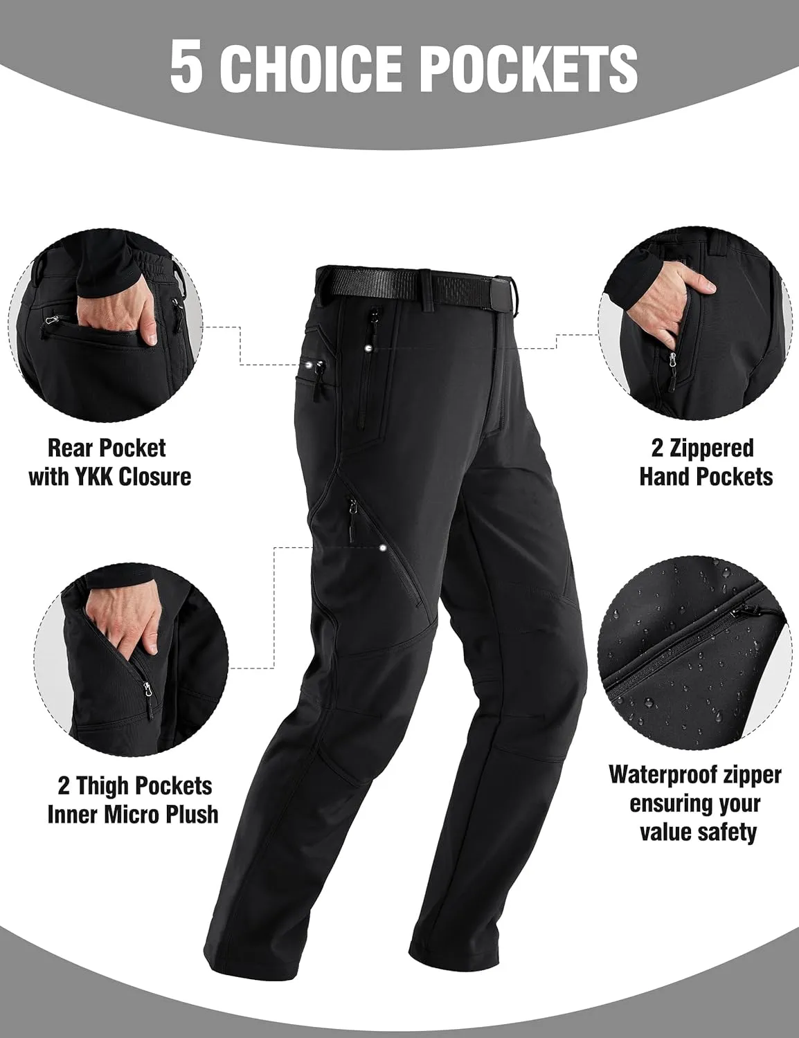 FREE SOLDIER Men's Fleece Lined Outdoor Cargo Hiking Pants Water Repellent Softshell Snow Ski Pants with Zipper Pockets
