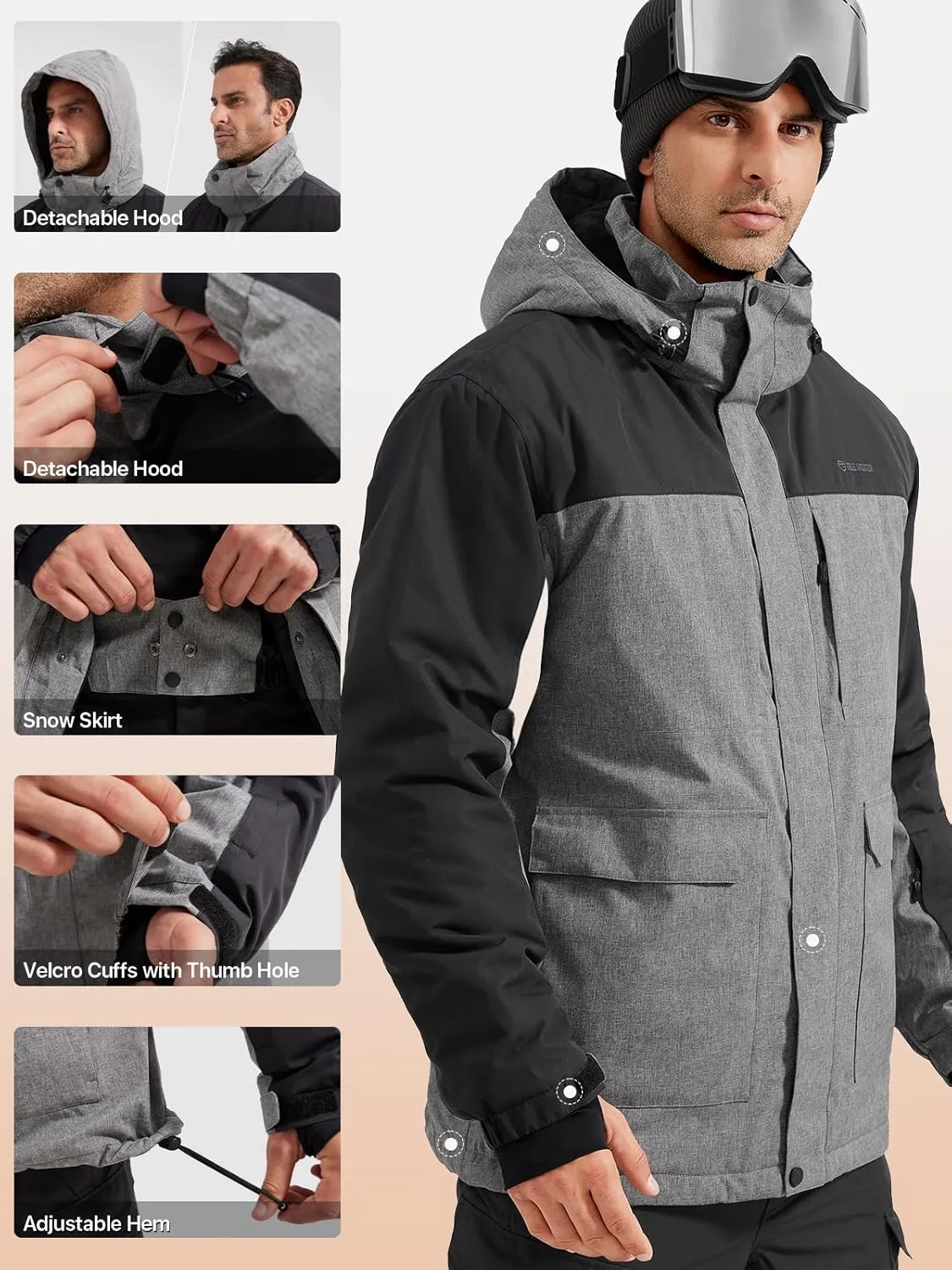 FREE SOLDIER Men's Waterproof Ski Jacket Fleece Lined Warm Winter Snow Coat with Hood Fully Taped Seams