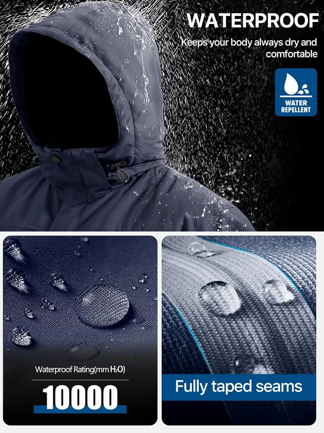 FREE SOLDIER Men's Waterproof Ski Snow Jacket Fleece Lined Warm Winter Rain Jacket with Hood Fully Taped Seams