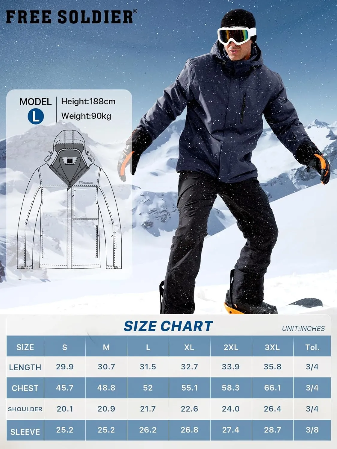 FREE SOLDIER Men's Waterproof Ski Snow Jacket Fleece Lined Warm Winter Rain Jacket with Hood Fully Taped Seams