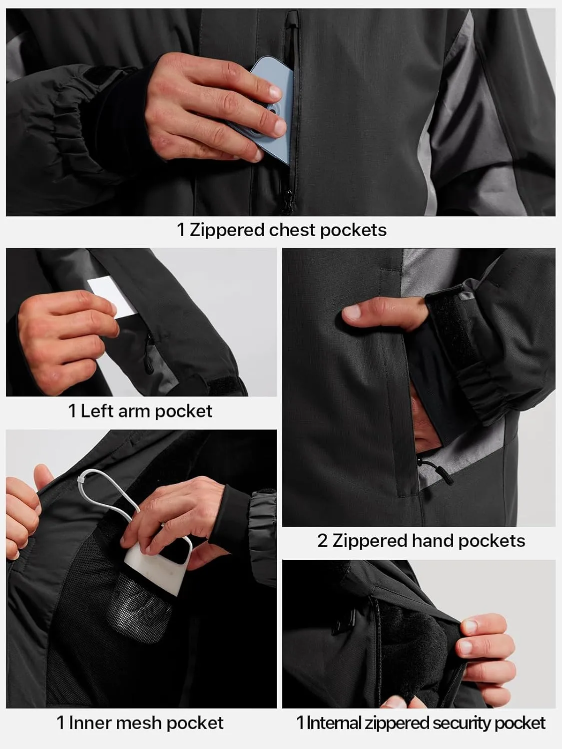 FREE SOLDIER Men's Waterproof Ski Snow Jacket Fleece Lined Warm Winter Rain Jacket with Hood Fully Taped Seams