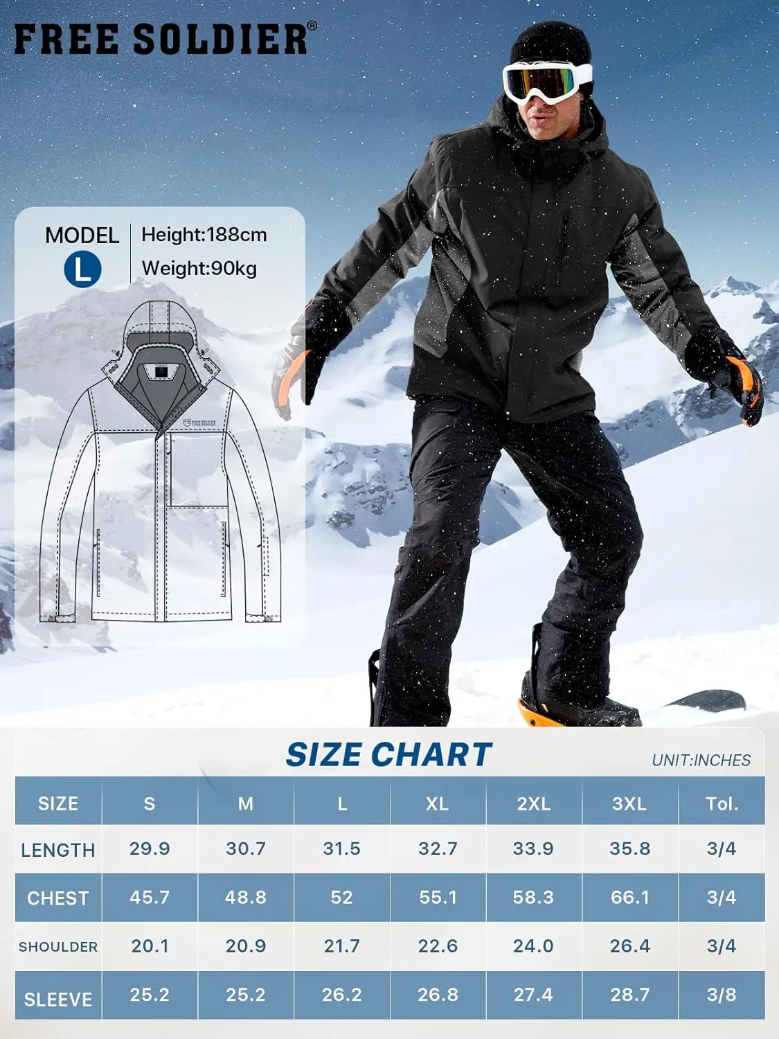 FREE SOLDIER Men's Waterproof Ski Snow Jacket Fleece Lined Warm Winter Rain Jacket with Hood Fully Taped Seams