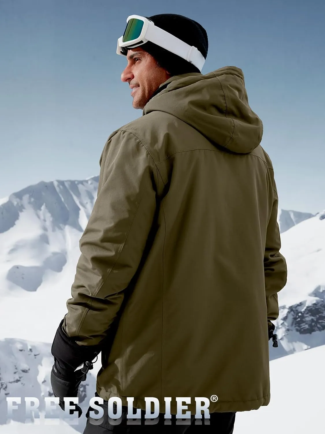 FREE SOLDIER Men's Waterproof Ski Snow Jacket Fleece Lined Warm Winter Rain Jacket with Hood Fully Taped Seams