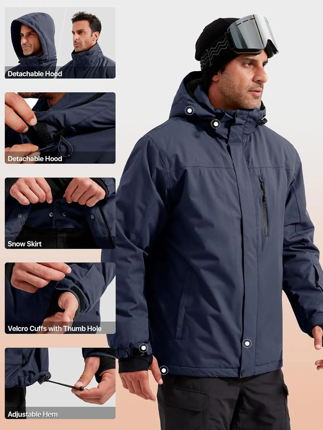 FREE SOLDIER Men's Waterproof Ski Snow Jacket Fleece Lined Warm Winter Rain Jacket with Hood Fully Taped Seams