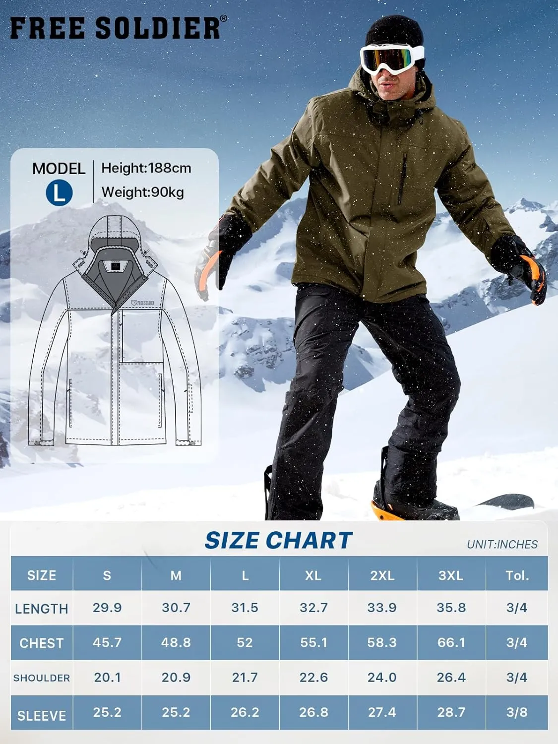 FREE SOLDIER Men's Waterproof Ski Snow Jacket Fleece Lined Warm Winter Rain Jacket with Hood Fully Taped Seams