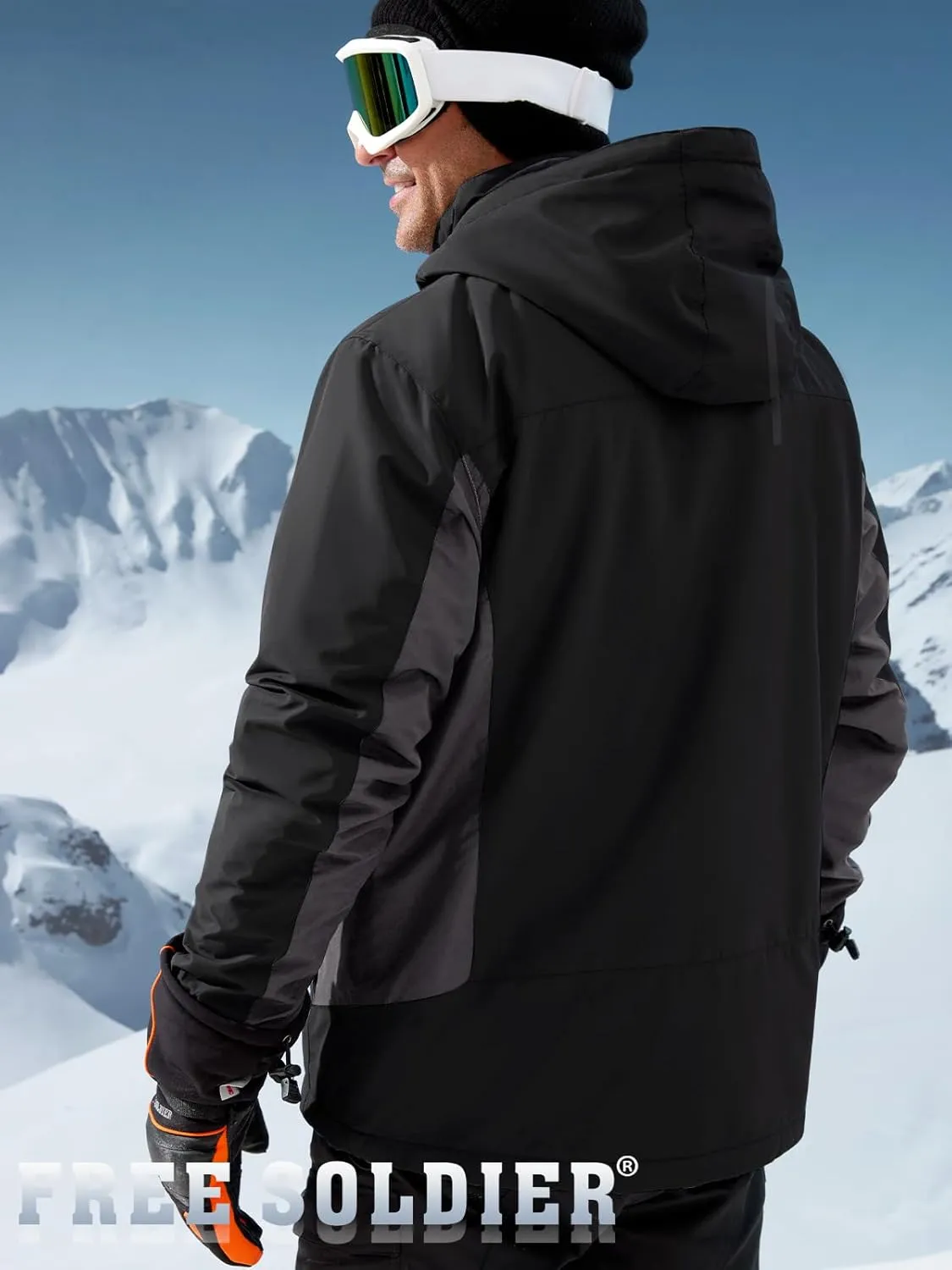 FREE SOLDIER Men's Waterproof Ski Snow Jacket Fleece Lined Warm Winter Rain Jacket with Hood Fully Taped Seams