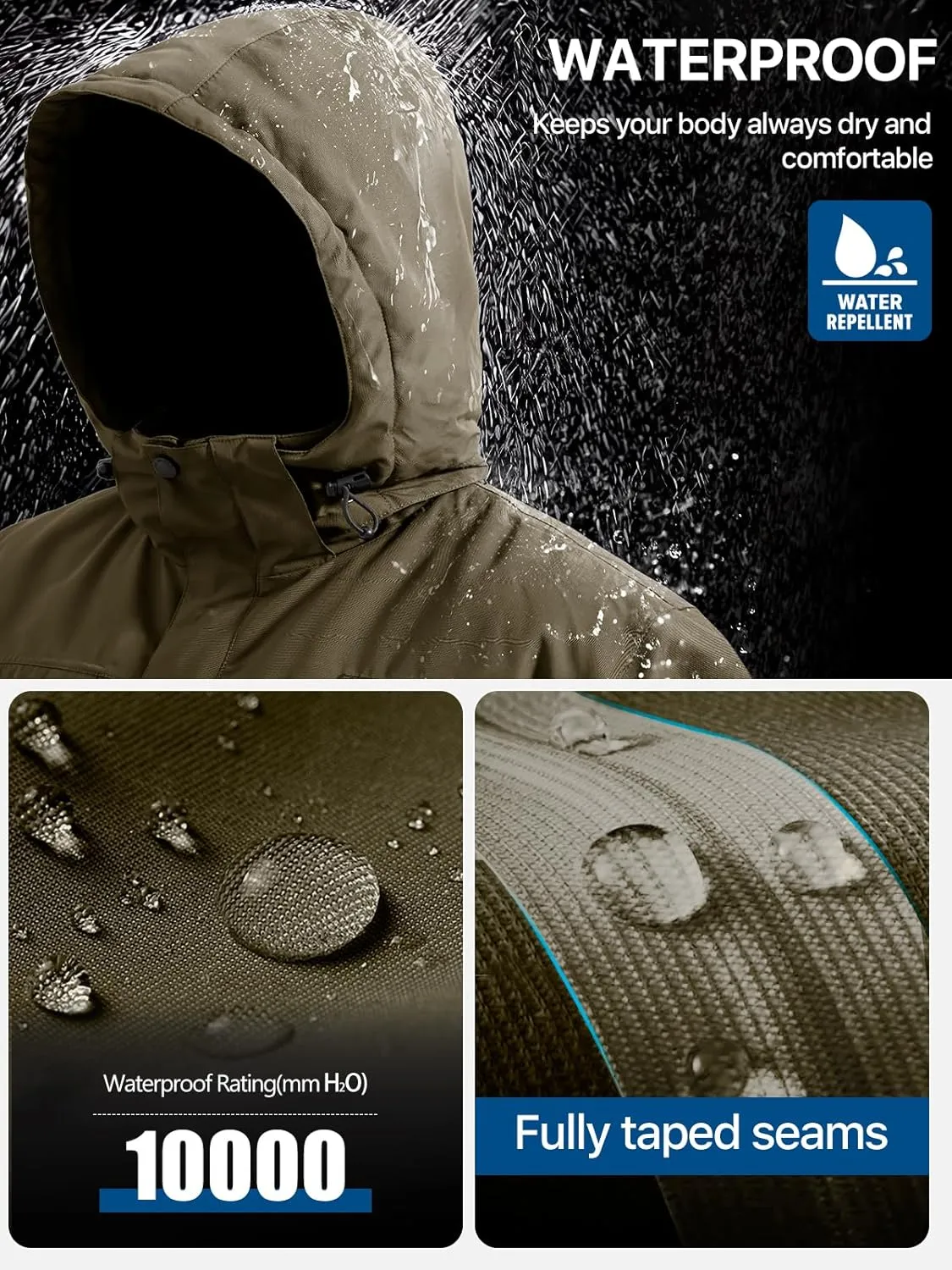 FREE SOLDIER Men's Waterproof Ski Snow Jacket Fleece Lined Warm Winter Rain Jacket with Hood Fully Taped Seams