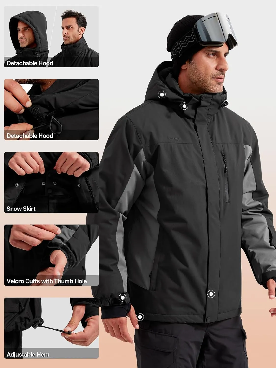 FREE SOLDIER Men's Waterproof Ski Snow Jacket Fleece Lined Warm Winter Rain Jacket with Hood Fully Taped Seams