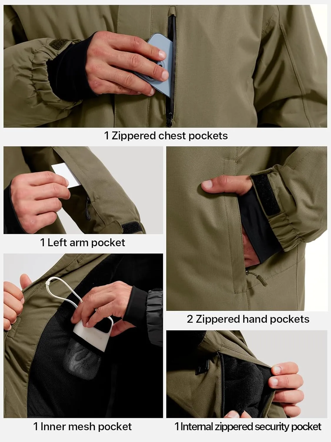 FREE SOLDIER Men's Waterproof Ski Snow Jacket Fleece Lined Warm Winter Rain Jacket with Hood Fully Taped Seams