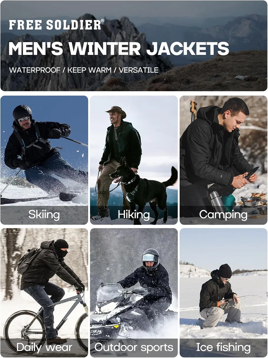FREE SOLDIER Men's Waterproof Ski Winter Jacket Warm Winter Snow Snowboard Coat with Multi Pockets Detachable Hood