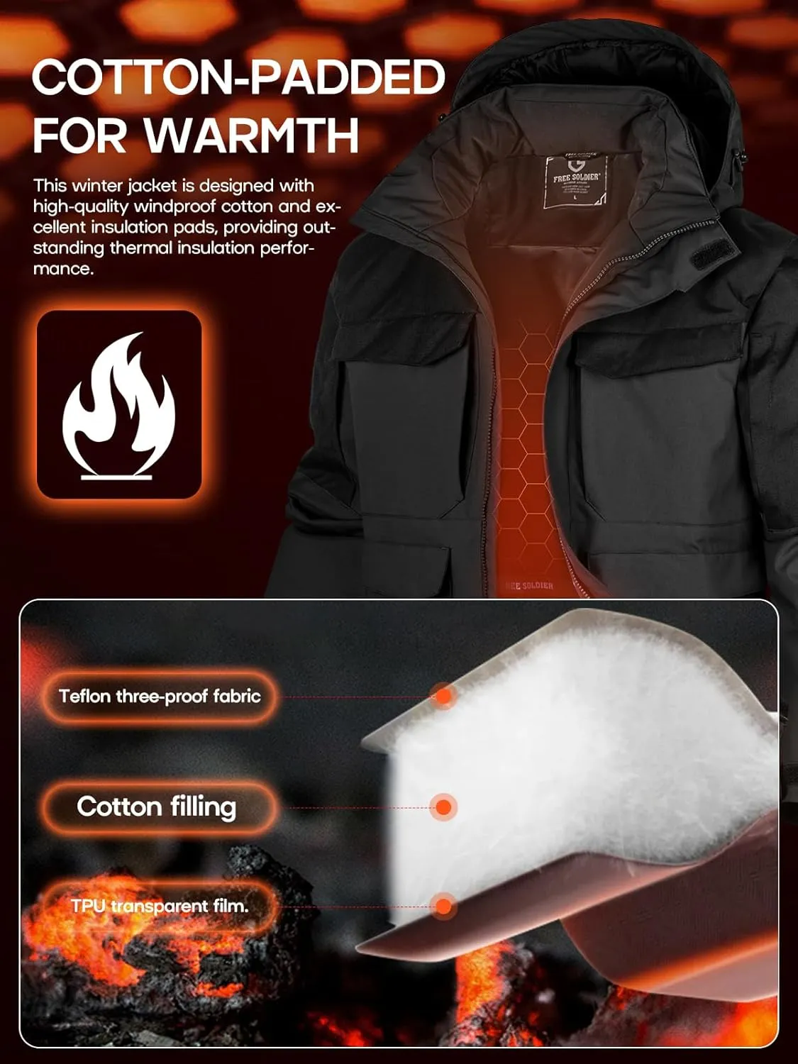 FREE SOLDIER Men's Waterproof Ski Winter Jacket Warm Winter Snow Snowboard Coat with Multi Pockets Detachable Hood