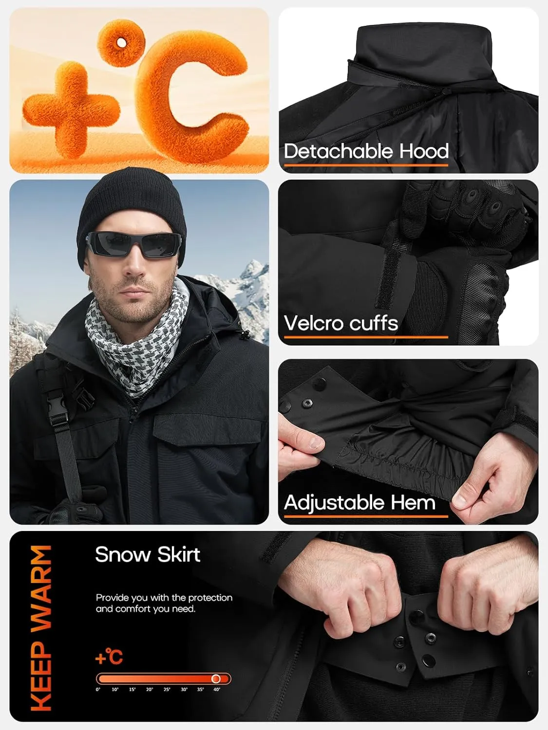 FREE SOLDIER Men's Waterproof Ski Winter Jacket Warm Winter Snow Snowboard Coat with Multi Pockets Detachable Hood