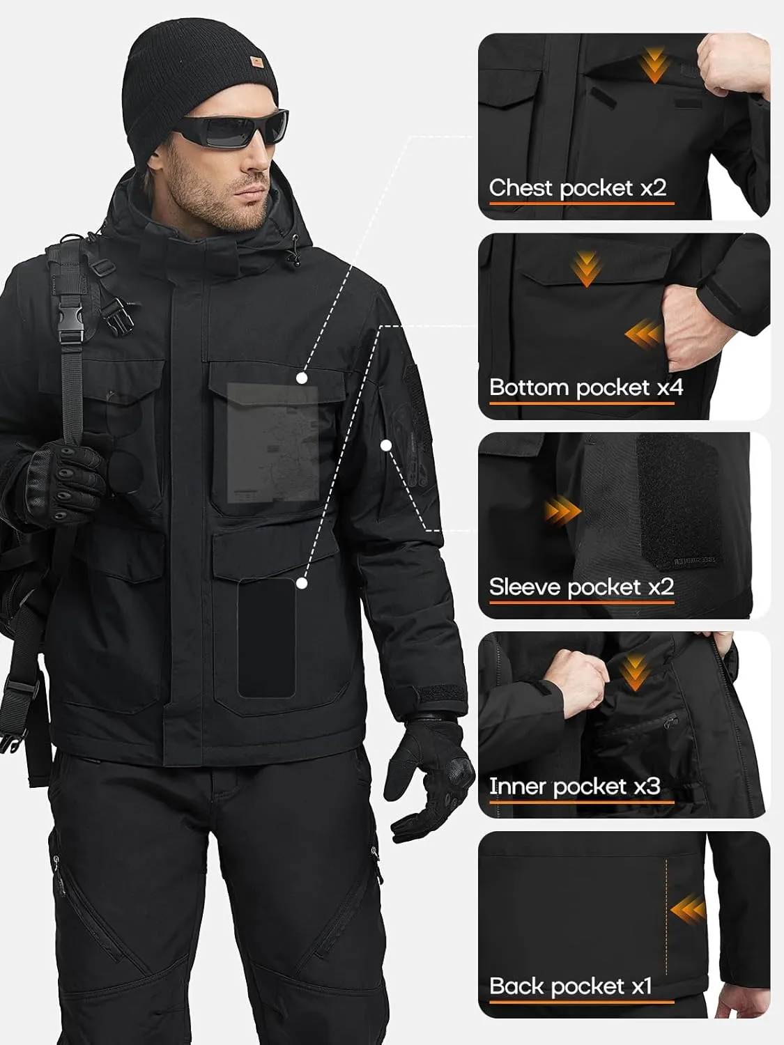 FREE SOLDIER Men's Waterproof Ski Winter Jacket Warm Winter Snow Snowboard Coat with Multi Pockets Detachable Hood