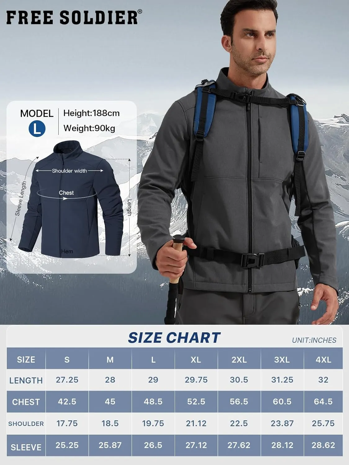 FREE SOLDIER Men's Waterproof Softshell Jacket Lightweight Fleece Lined Jacket Outdoor Hiking Windbreaker