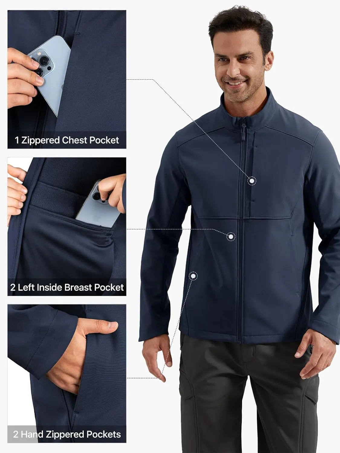 FREE SOLDIER Men's Waterproof Softshell Jacket Lightweight Fleece Lined Jacket Outdoor Hiking Windbreaker