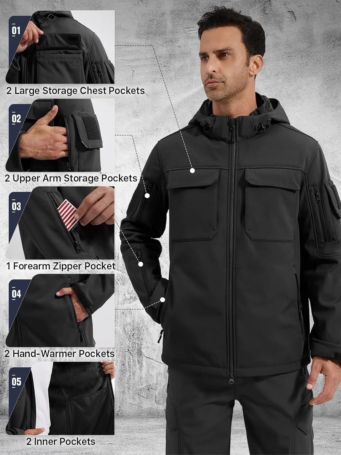 FREE SOLDIER Men's Waterproof Softshell Jacket Thick Fleece Lined Outdoor Jacket Tactical Military Hoodie Windbreaker