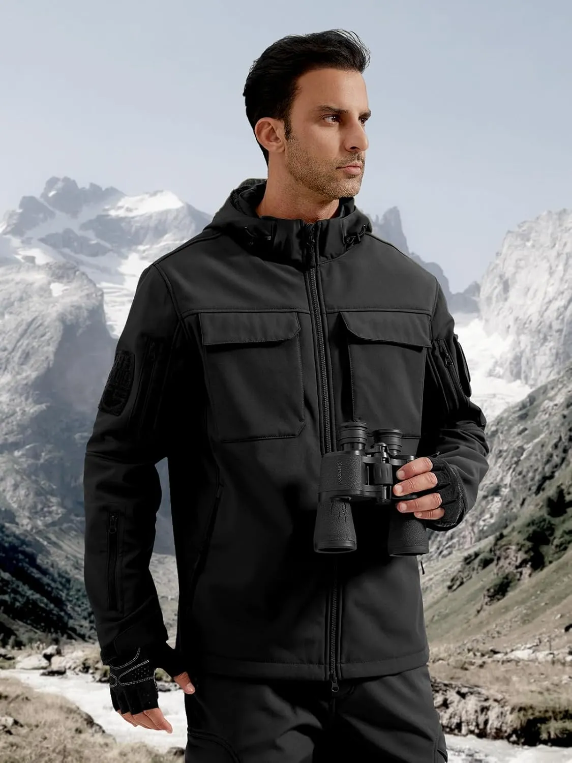 FREE SOLDIER Men's Waterproof Softshell Jacket Thick Fleece Lined Outdoor Jacket Tactical Military Hoodie Windbreaker