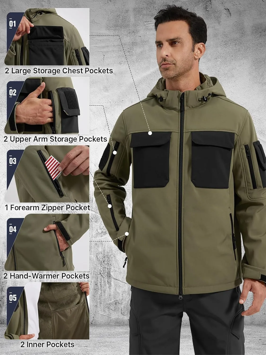 FREE SOLDIER Men's Waterproof Softshell Jacket Thick Fleece Lined Outdoor Jacket Tactical Military Hoodie Windbreaker
