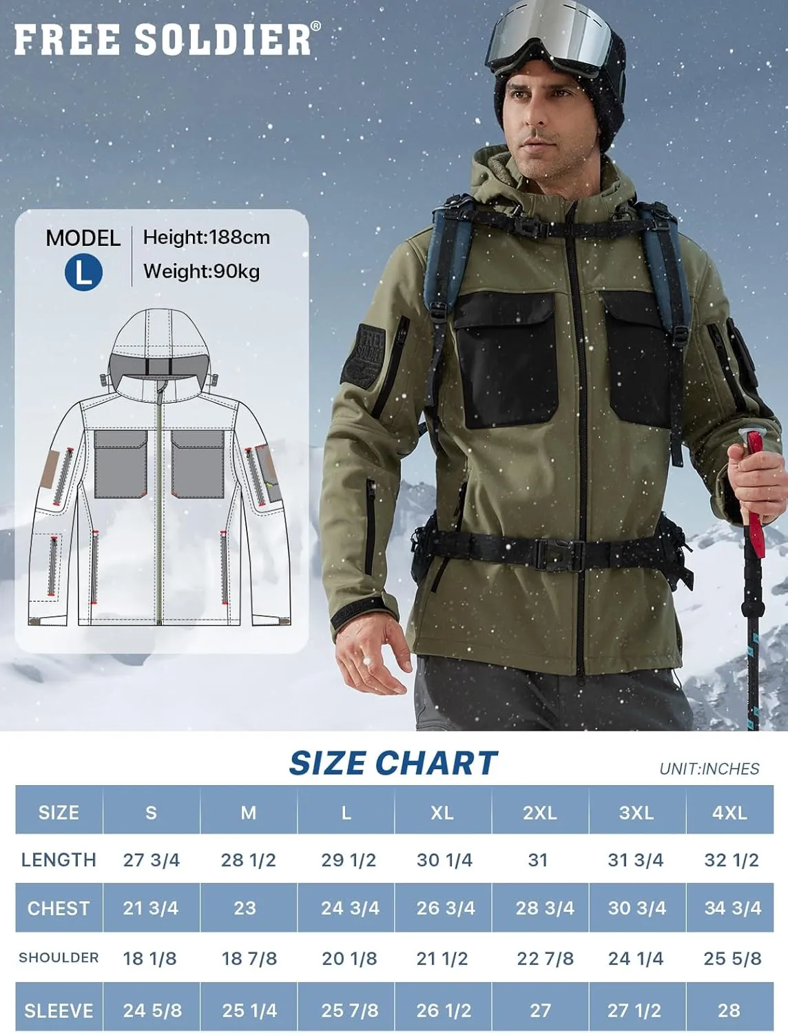FREE SOLDIER Men's Waterproof Softshell Jacket Thick Fleece Lined Outdoor Jacket Tactical Military Hoodie Windbreaker